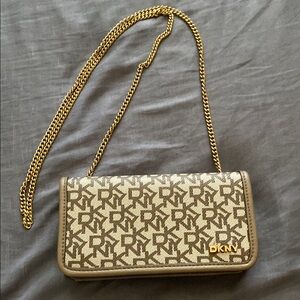 DKNY Brown and Gold Crossbody Bag with Monogram Design